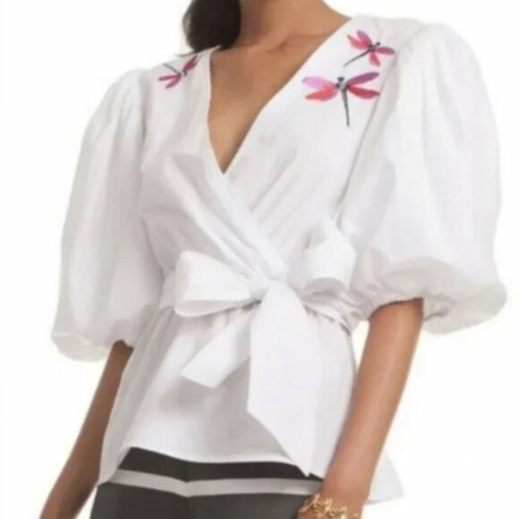 Trina Turk embroidered dragonfly balloon sleeve top SIZE L $220 - Picture 4 of 4
